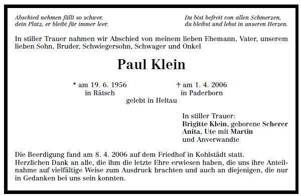 Klein Paul 1956-2006Todesanzeige